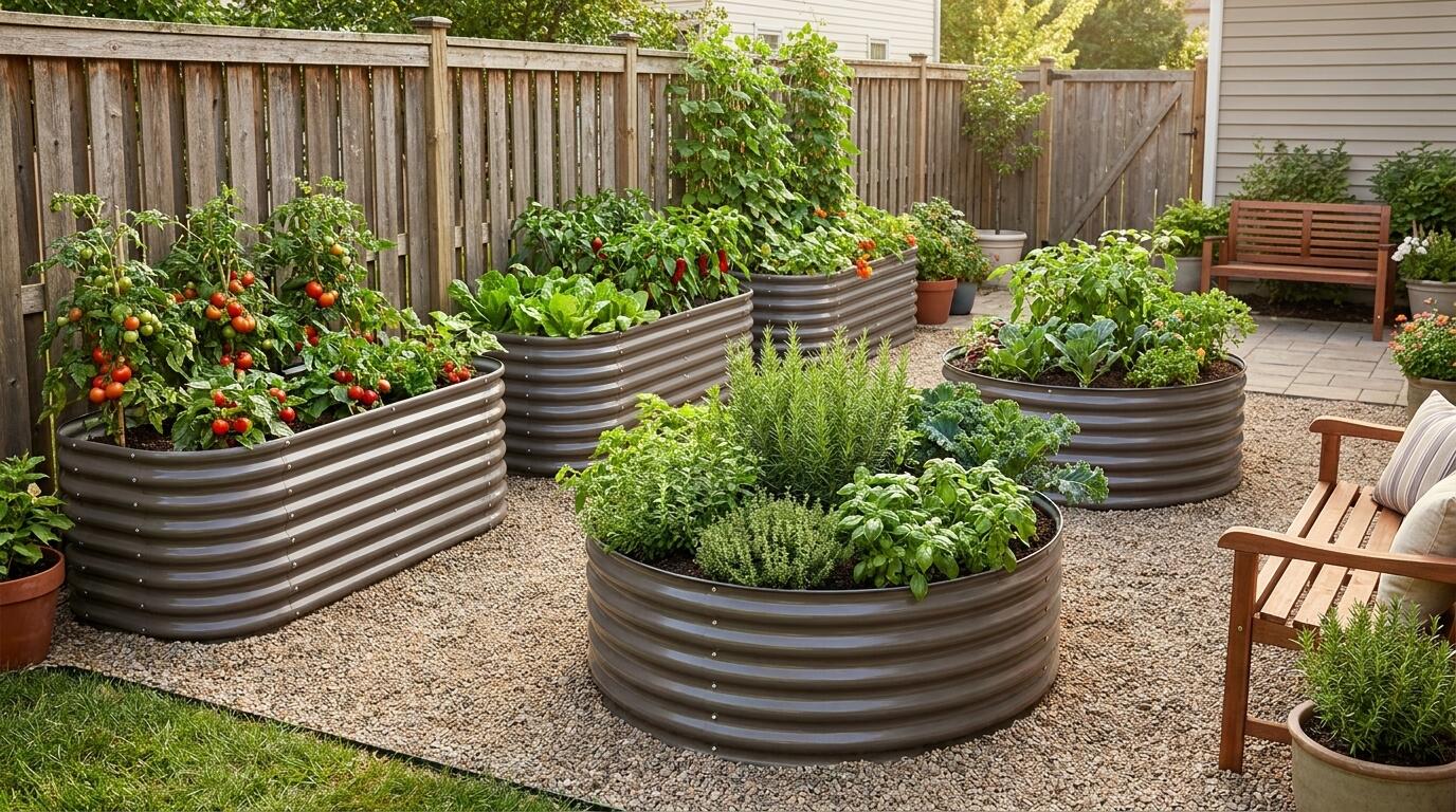 Compact patio raised garden bed layout with galvanized steel beds arranged along a fence Compact patio raised garden bed layout with galvanized steel beds arranged along a fence
