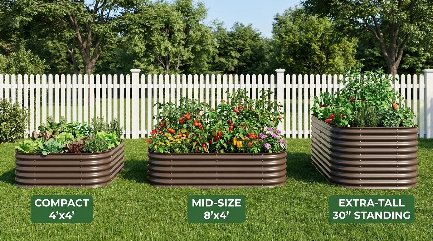 Beginner raised bed garden layout showing compact, mid-size, and tall bed options side by side Beginner raised bed garden layout showing compact, mid-size, and tall bed options side by side