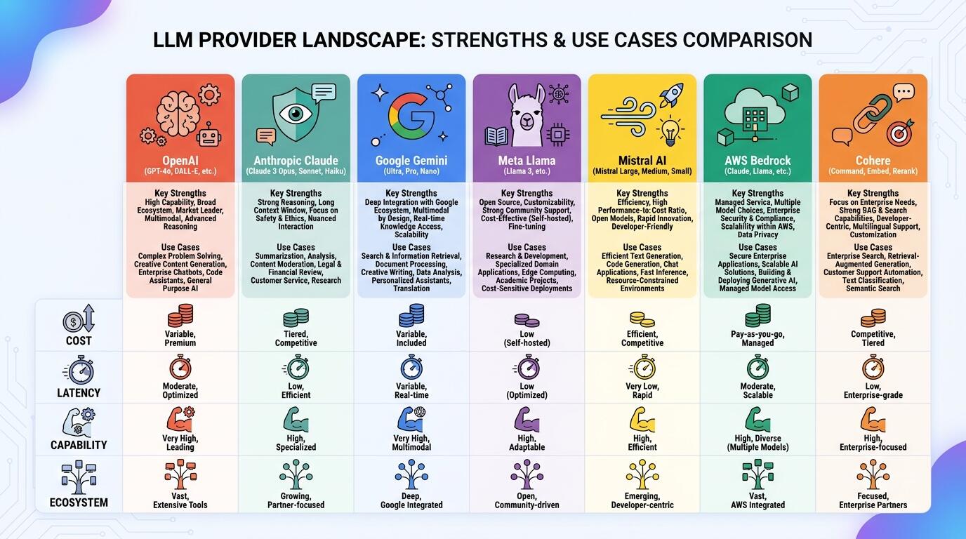 LLM provider comparison table and decision framework for AI product architecture