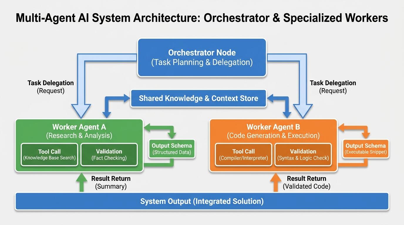 Multi-agent system architecture diagram showing orchestrator and worker agent coordination