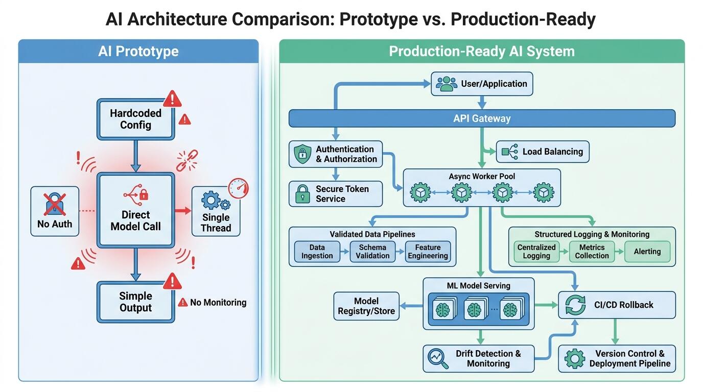 Head-to-head comparison diagram of AI prototype versus production AI system architecture