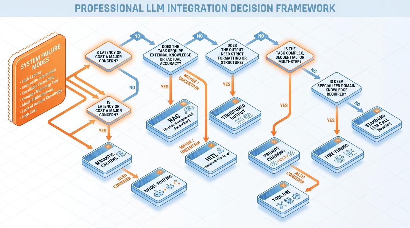 Decision framework for selecting LLM integration patterns in production AI-powered engineering systems