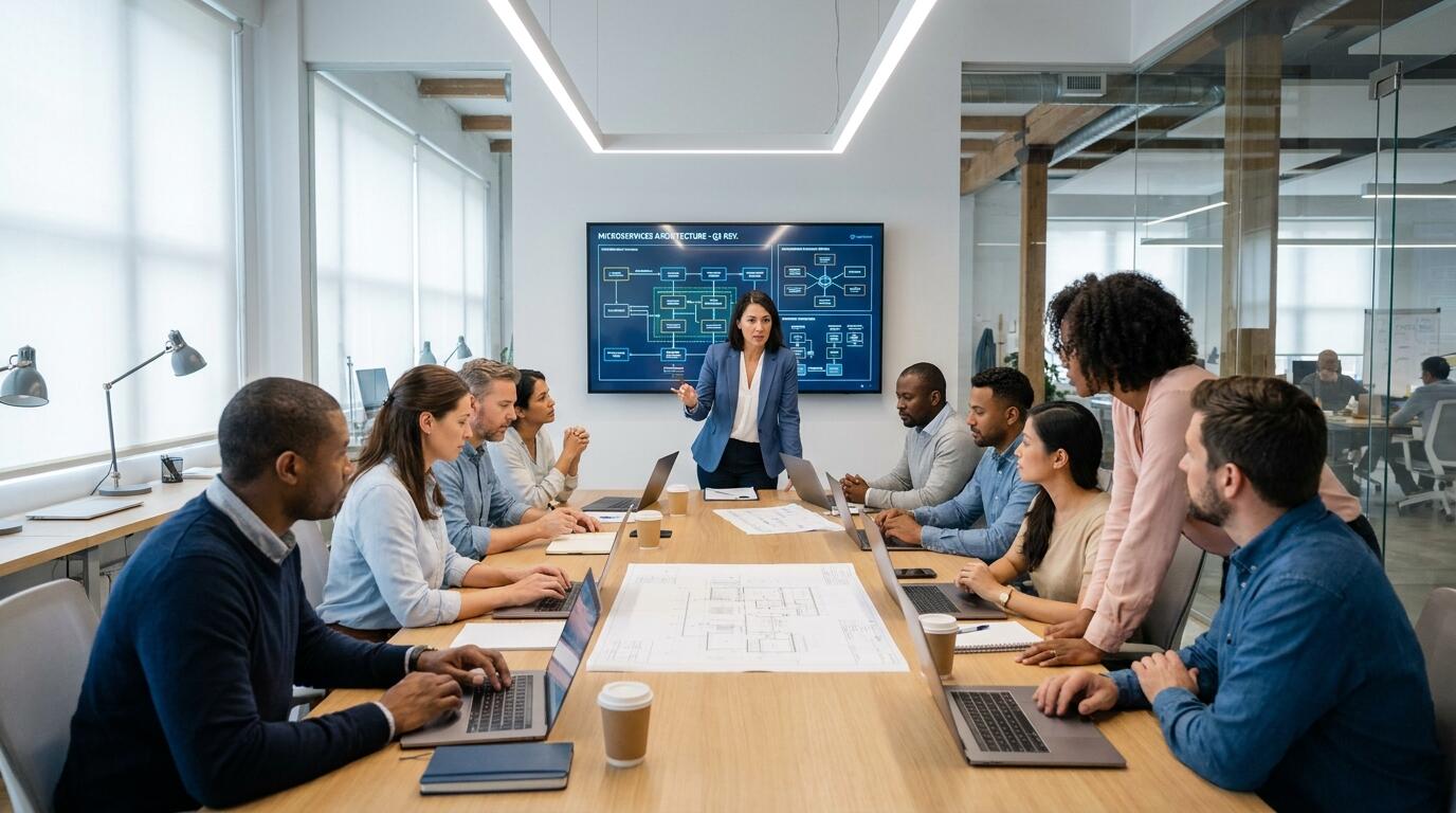 Engineering Director facilitating an architecture review with a cross-functional engineering team