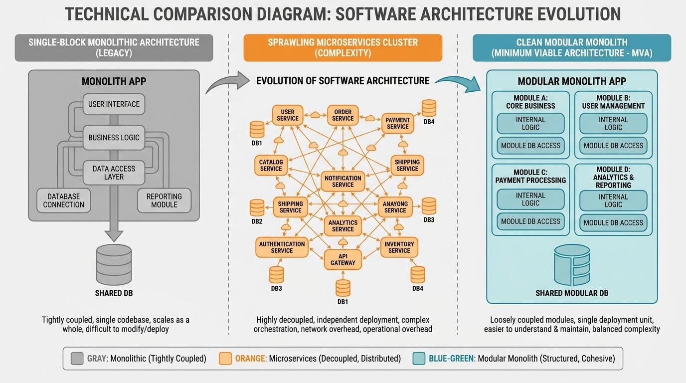 Diagram illustrating the evolution from monolithic to microservices to minimum viable architecture design patterns