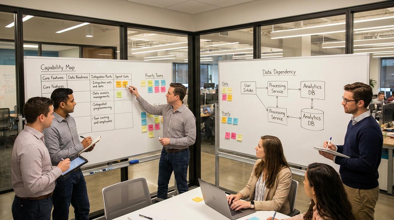 AI product roadmap planning session with engineering and product teams