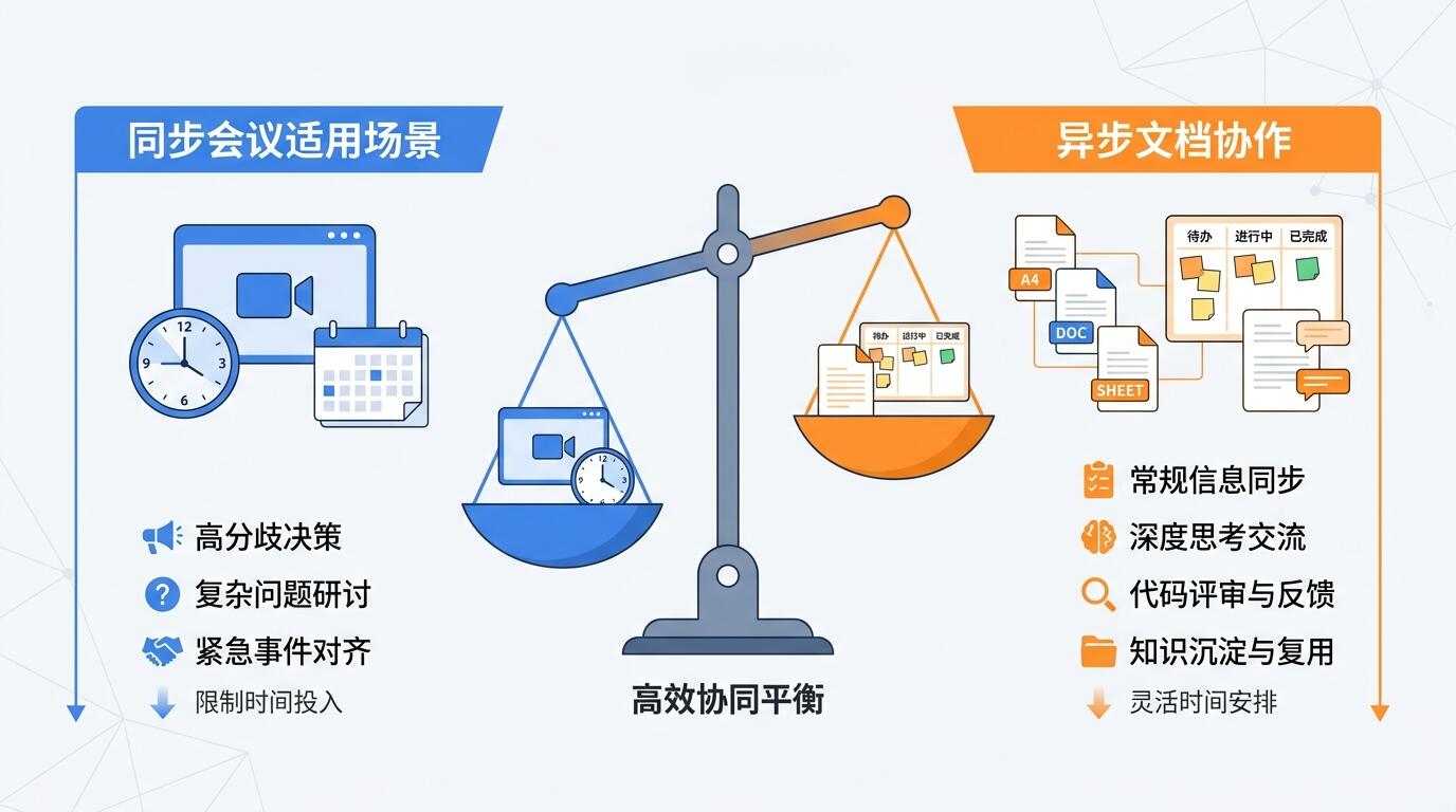 分布式团队会议与异步协作的平衡设计示意图