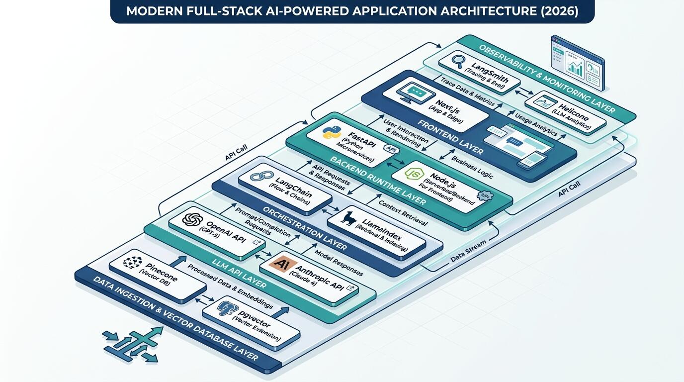 Architecture diagram of a full-stack AI-powered app showing layers from data to deployment in 2026