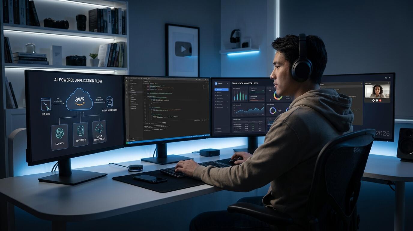A full-stack developer's modern AI-powered tech stack displayed across multiple screens in 2026