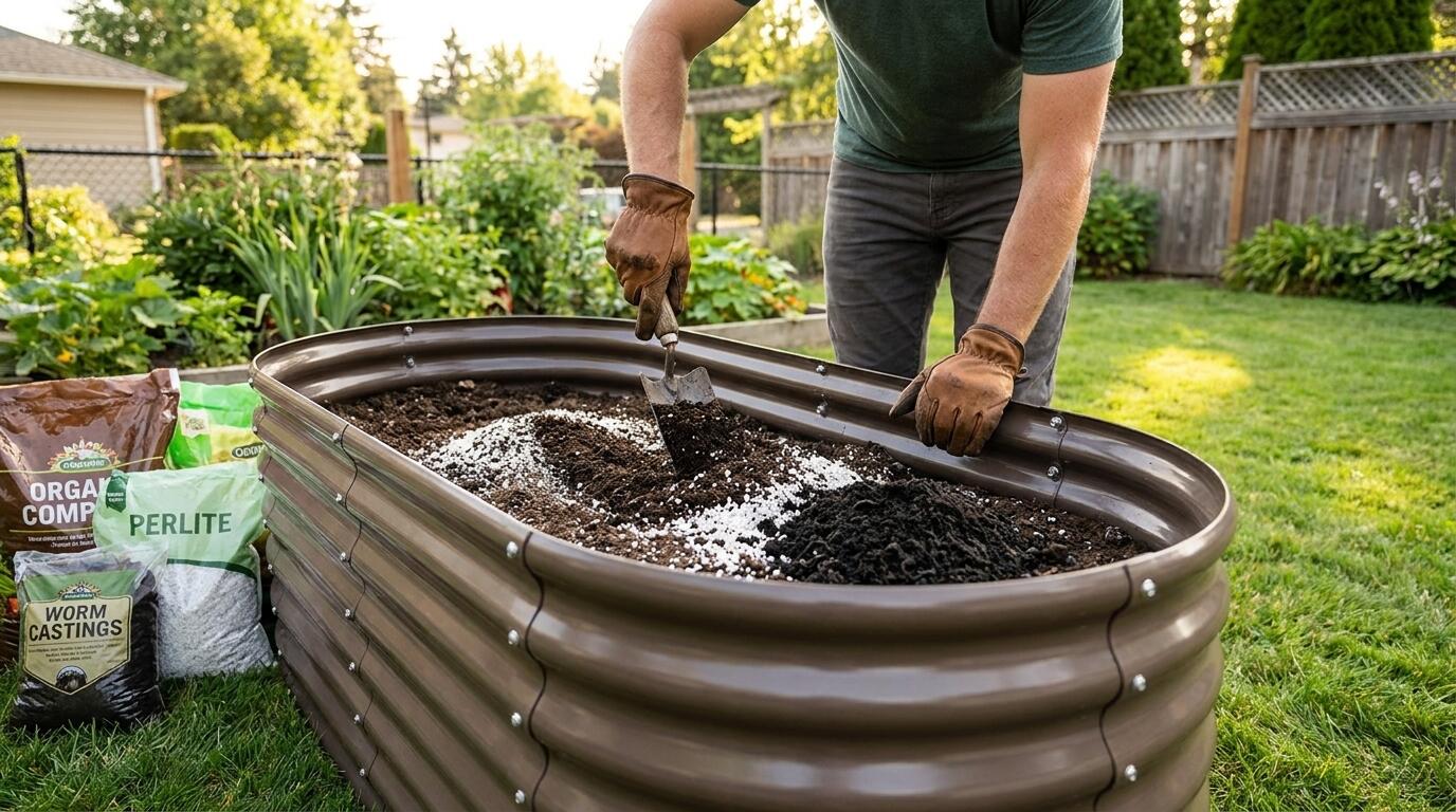 Gardener blending organic soil amendments into a galvanized steel raised bed for vegetable planting