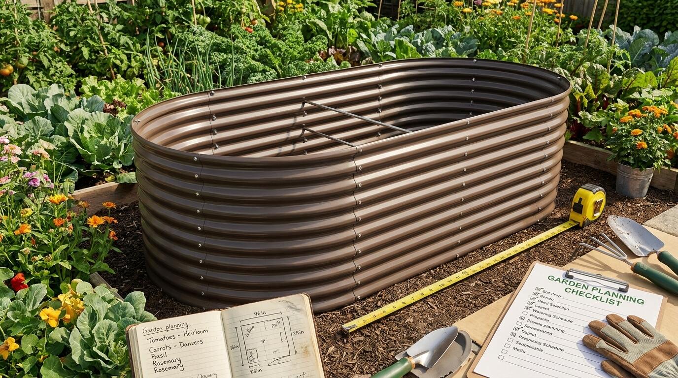 Checklist and measuring tape next to a galvanized raised garden bed before layout planning