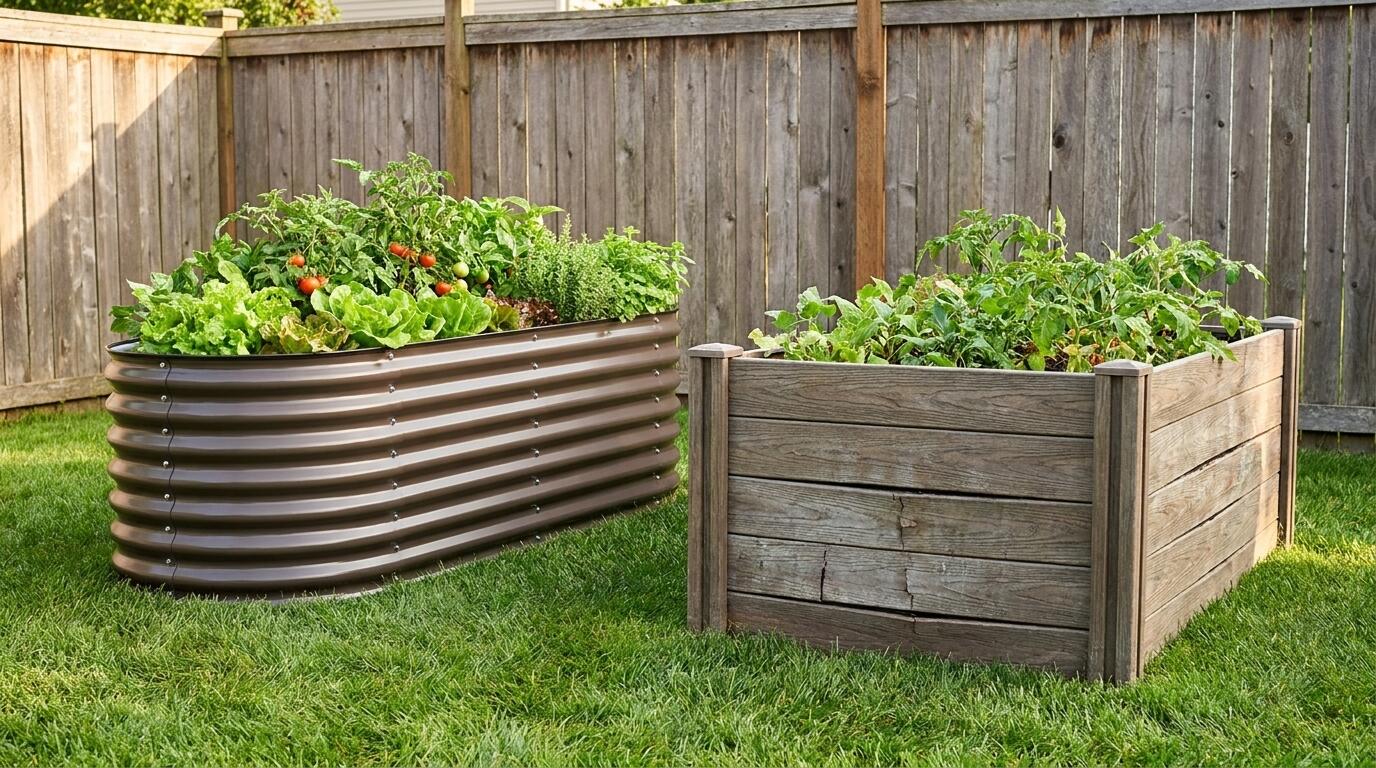 Raised bed garden layout options comparing galvanized steel and recycled plastic materials side by side