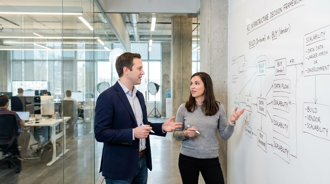 Founder and CTO reviewing AI infrastructure architecture decision framework on whiteboard