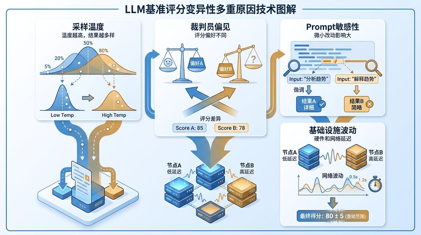 LLM评测分数不稳定性的多层原因分析
