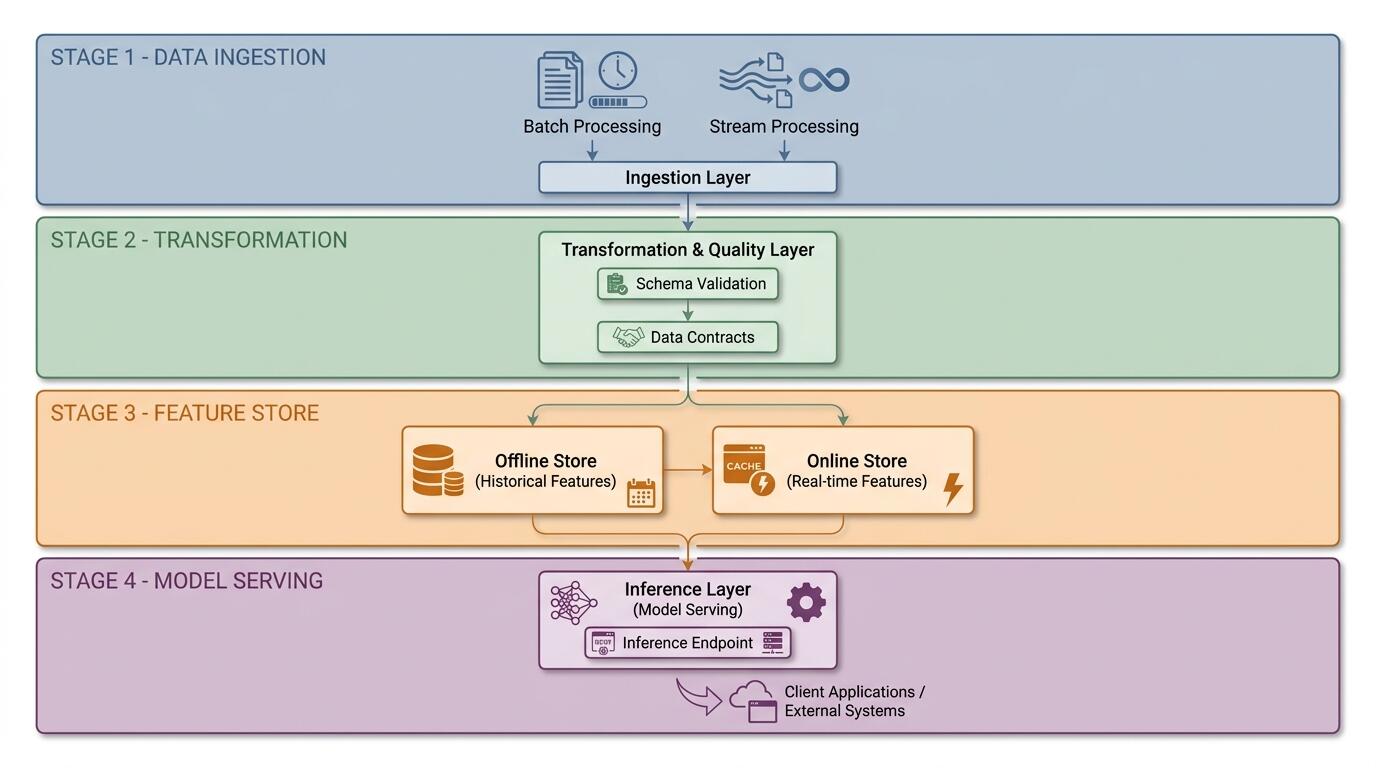 Modern AI data pipeline architecture layers from ingestion to model serving