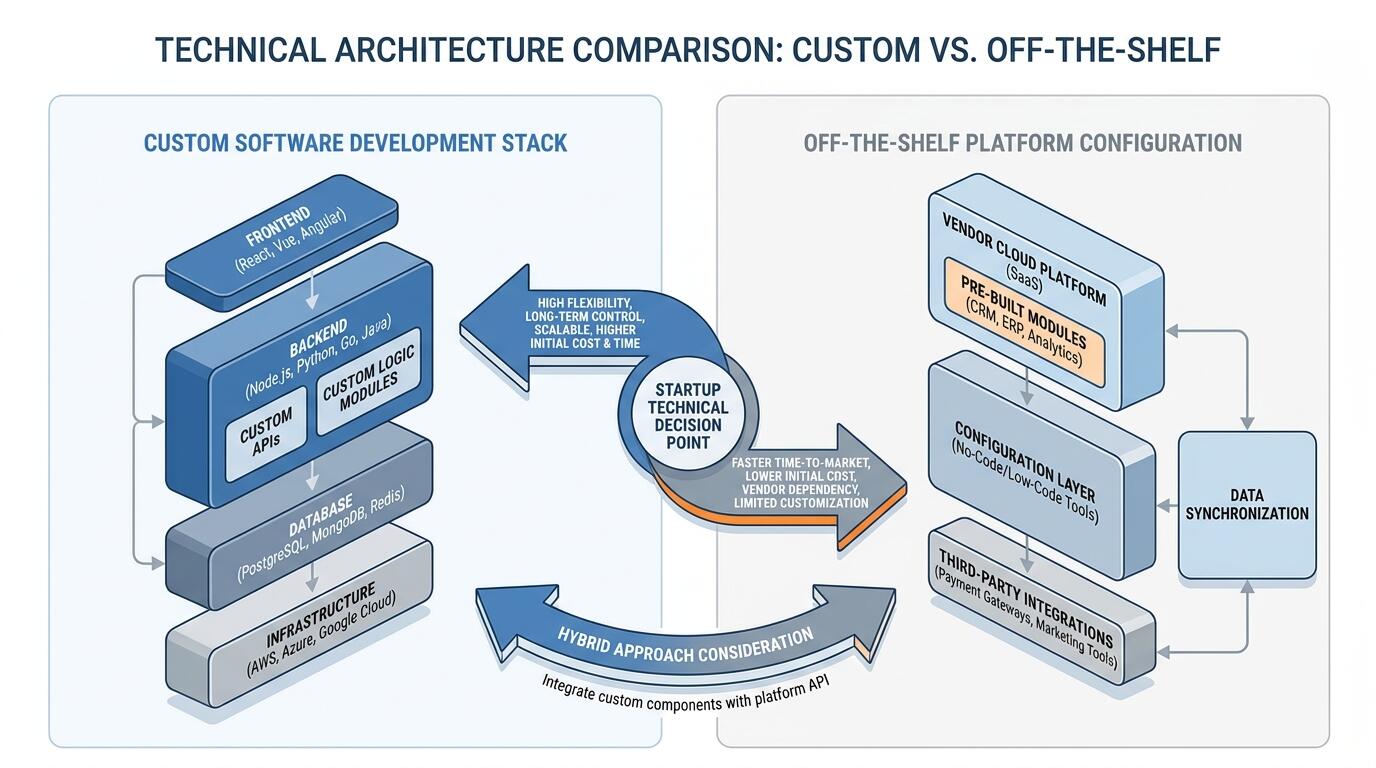 Comparison diagram of custom software architecture versus off-the-shelf platform configuration for startup decision-making