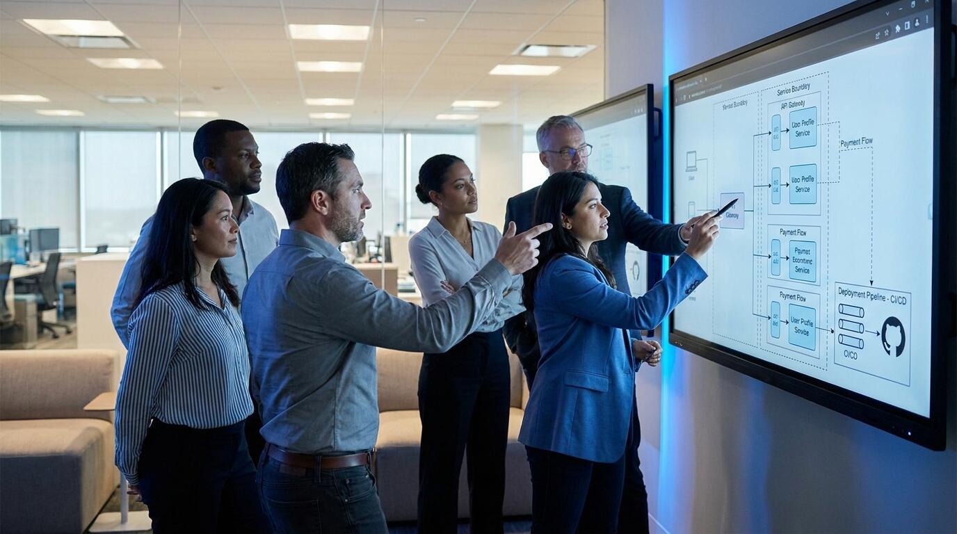 Engineering team reviewing microservices architecture diagram for production system best practices