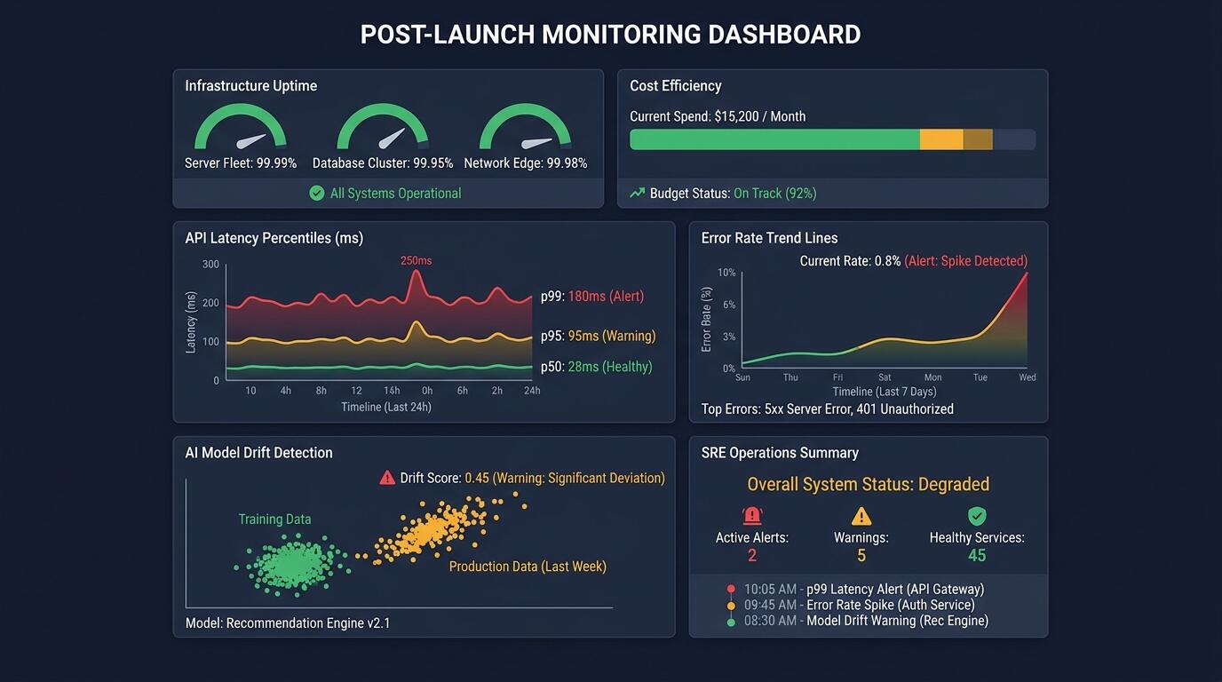 Post-launch monitoring dashboard showing infrastructure, API, and user experience metrics