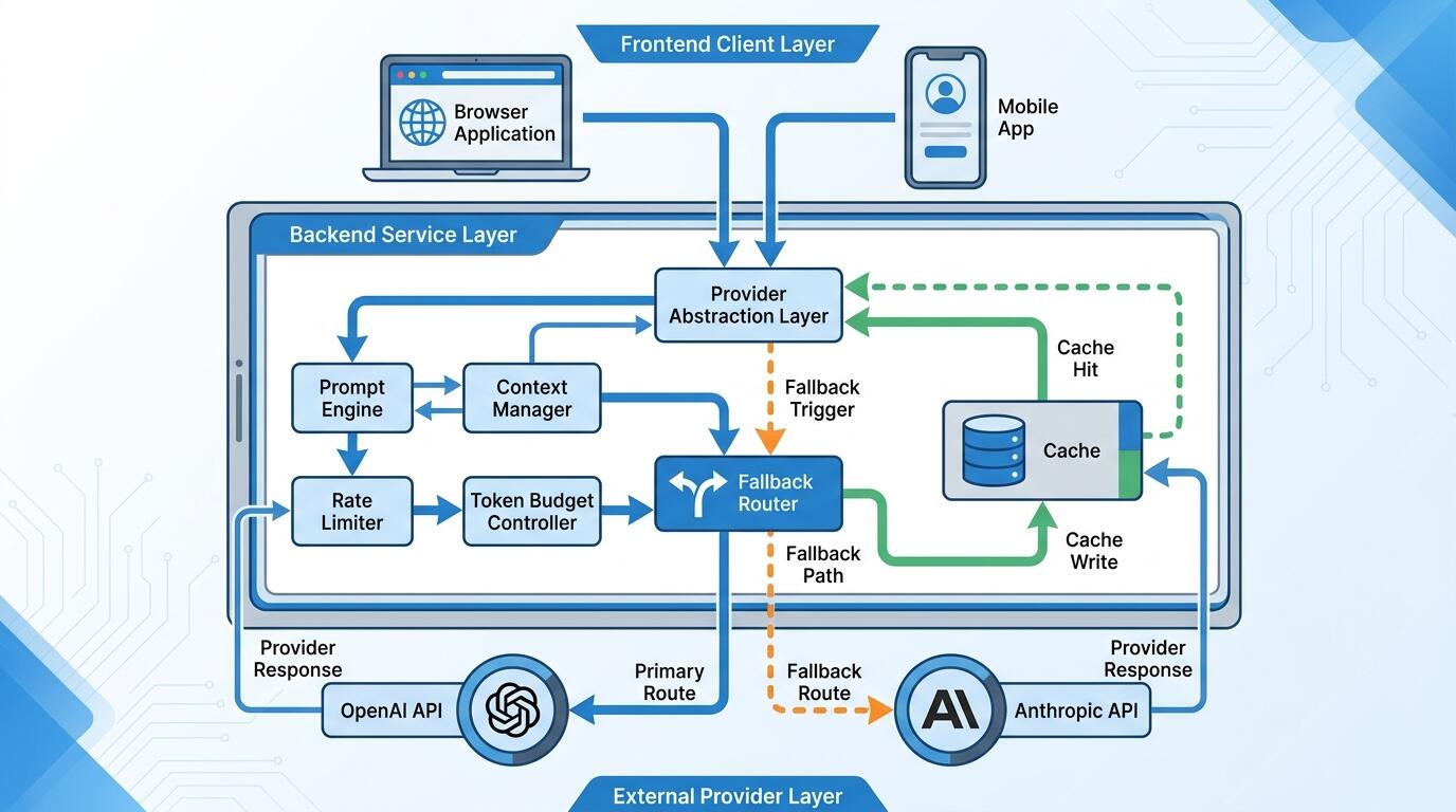 LLM API integration architecture diagram for full-stack products