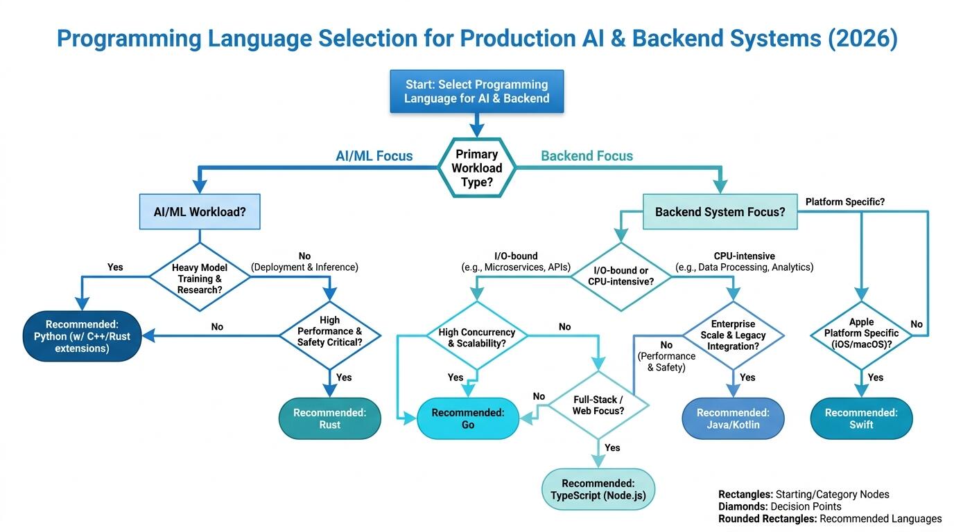 Decision framework for selecting programming languages for production AI and software systems in 2026
