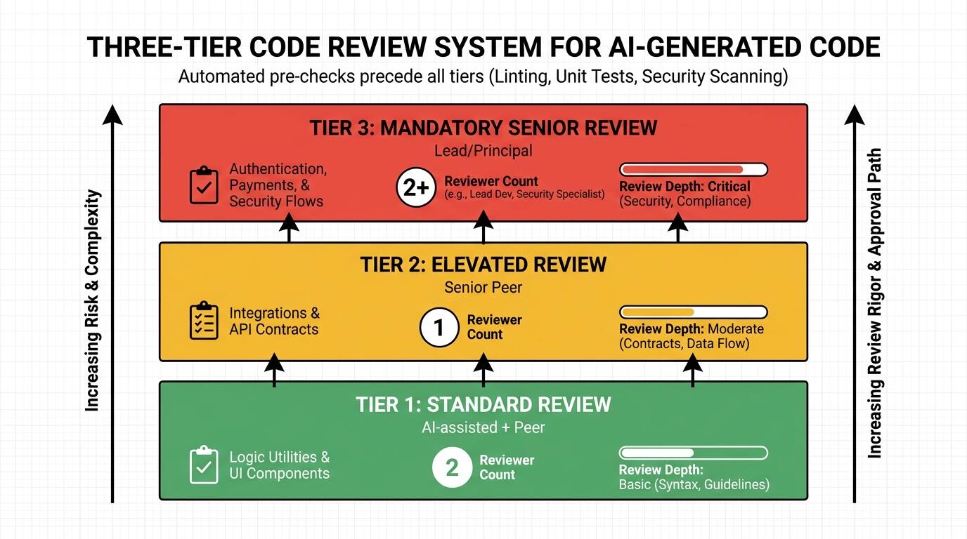 AI code review checklist and tiered review process diagram