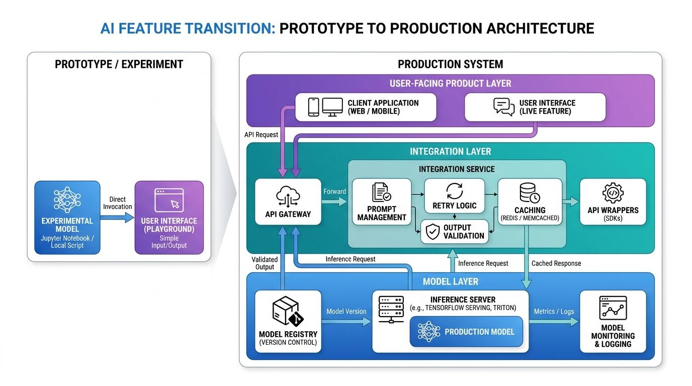 Production AI feature transition showing system architecture and integration layers