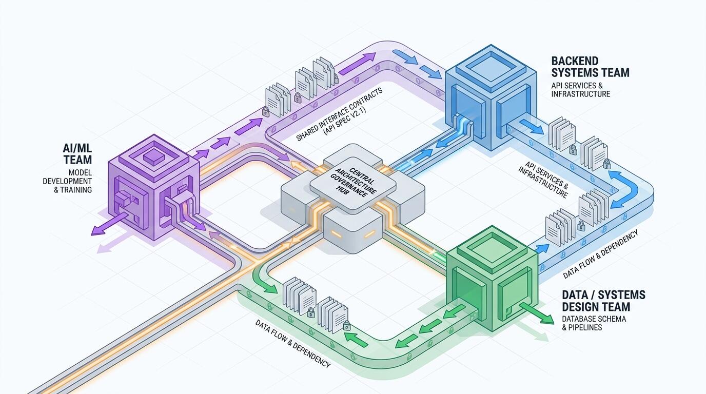 Cross-disciplinary engineering project coordination diagram showing interface contracts between AI, backend, and data teams