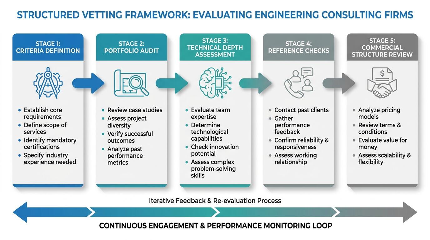 Engineering consulting firm vetting framework showing evaluation criteria