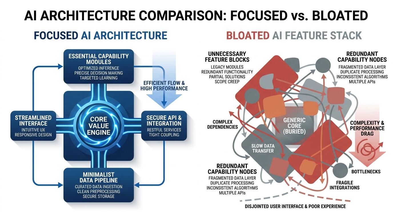 Diagram comparing focused AI product architecture versus bloated AI feature stack