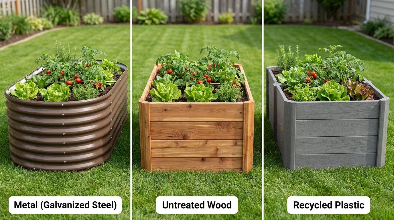Metal vs. Wood vs. Plastic raised garden bed comparison for organic vegetable growing and layout planning Metal vs. Wood vs. Plastic raised garden bed comparison for organic vegetable growing and layout planning