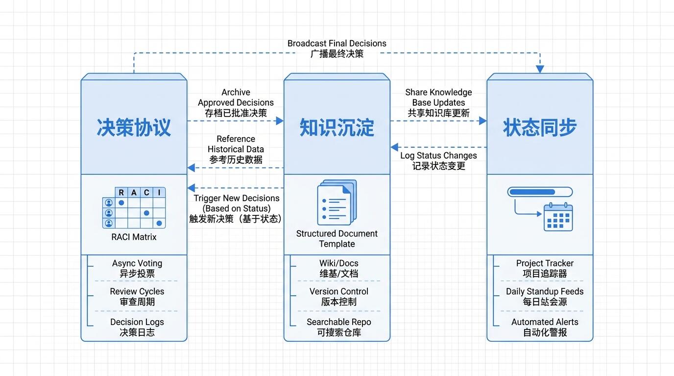 分布式工程团队异步沟通框架设计图，展示决策流程与知识持久化机制