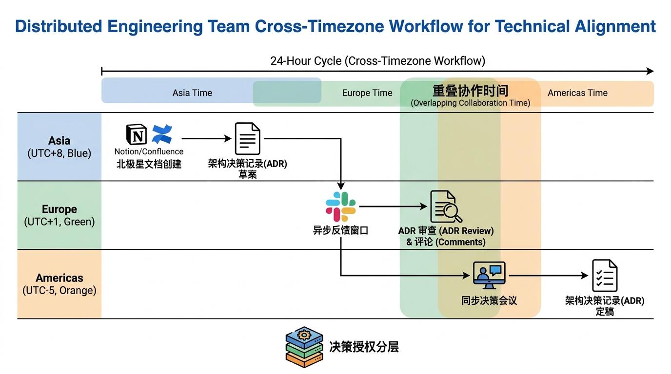 跨时区技术团队异步决策与同步对齐的协作框架示意图