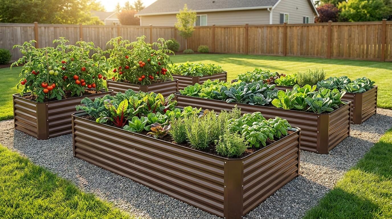 Anleolife galvanized steel raised garden beds in a backyard raised bed planting layout with vegetables