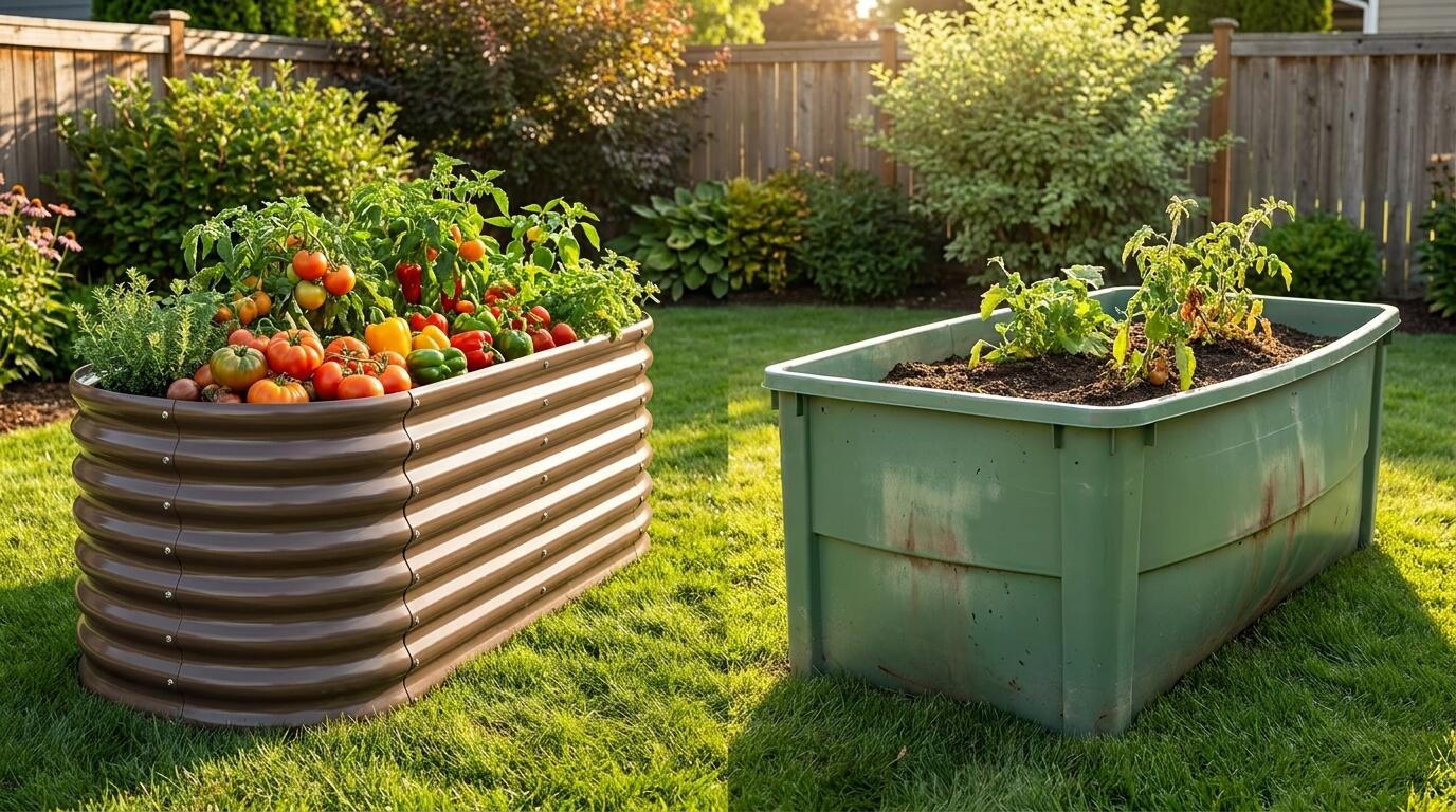 A side-by-side comparison of metal and plastic raised garden beds in an outdoor garden setting