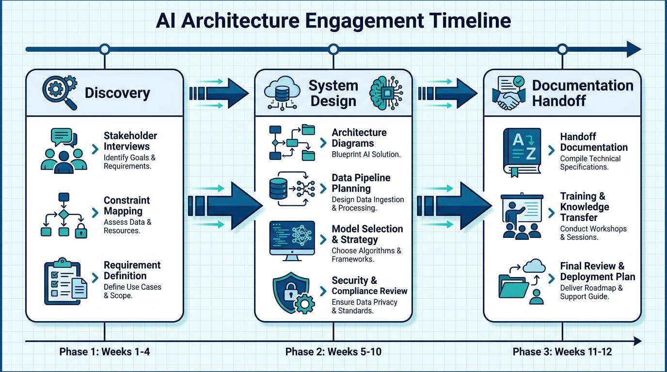Diagram showing phased AI architecture engagement with discovery, design, and handoff stages