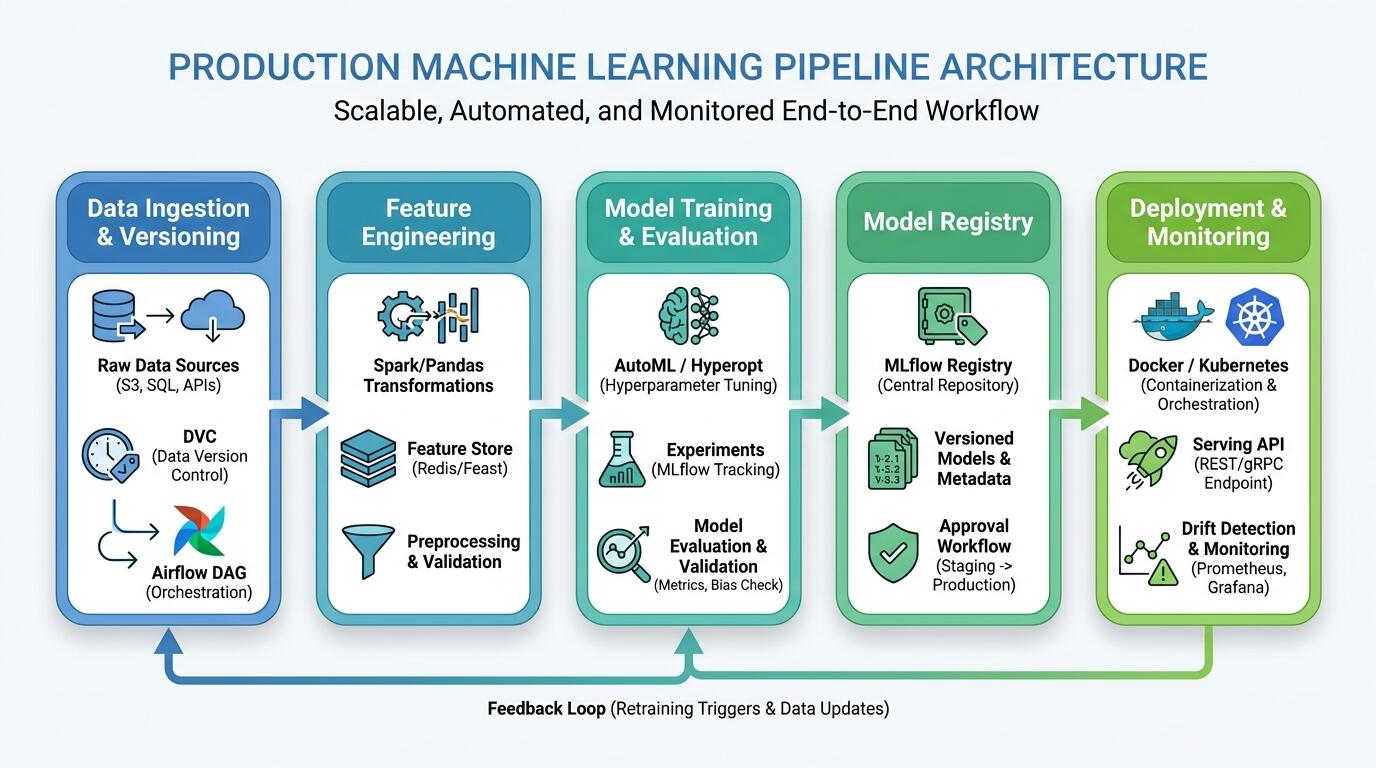 Diagram of ML pipeline architecture showing data ingestion, model training, deployment, and monitoring stages