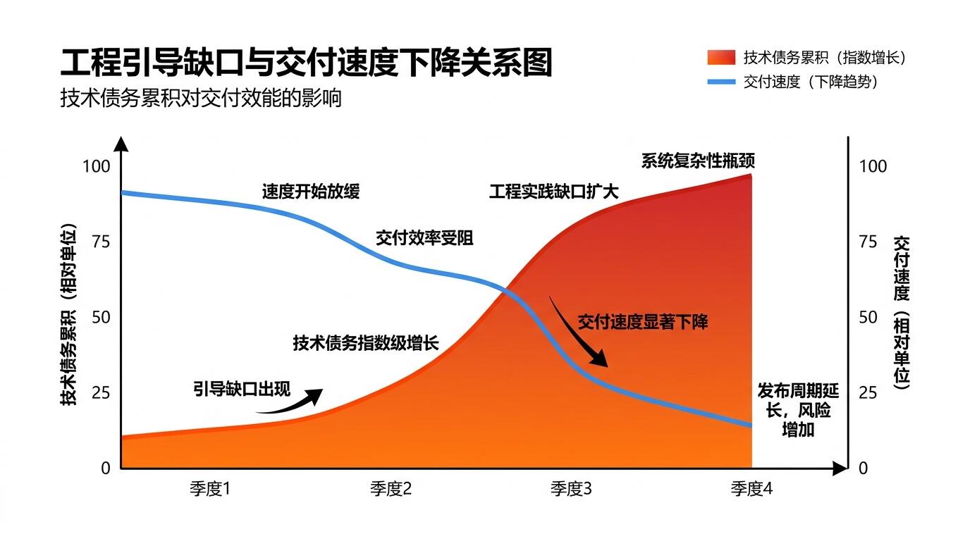 产品团队工程能力边界与技术债演化示意图