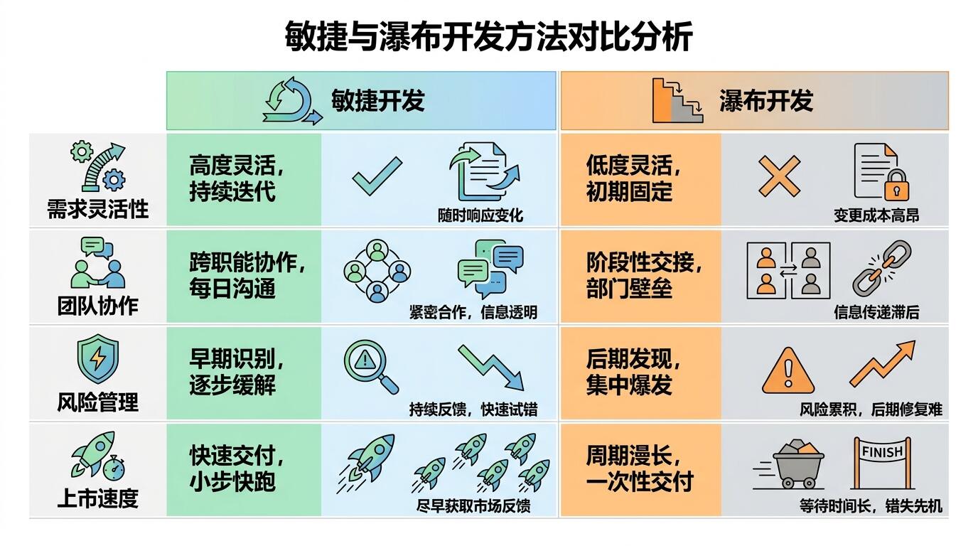敏捷与瀑布开发方法论对比分析图