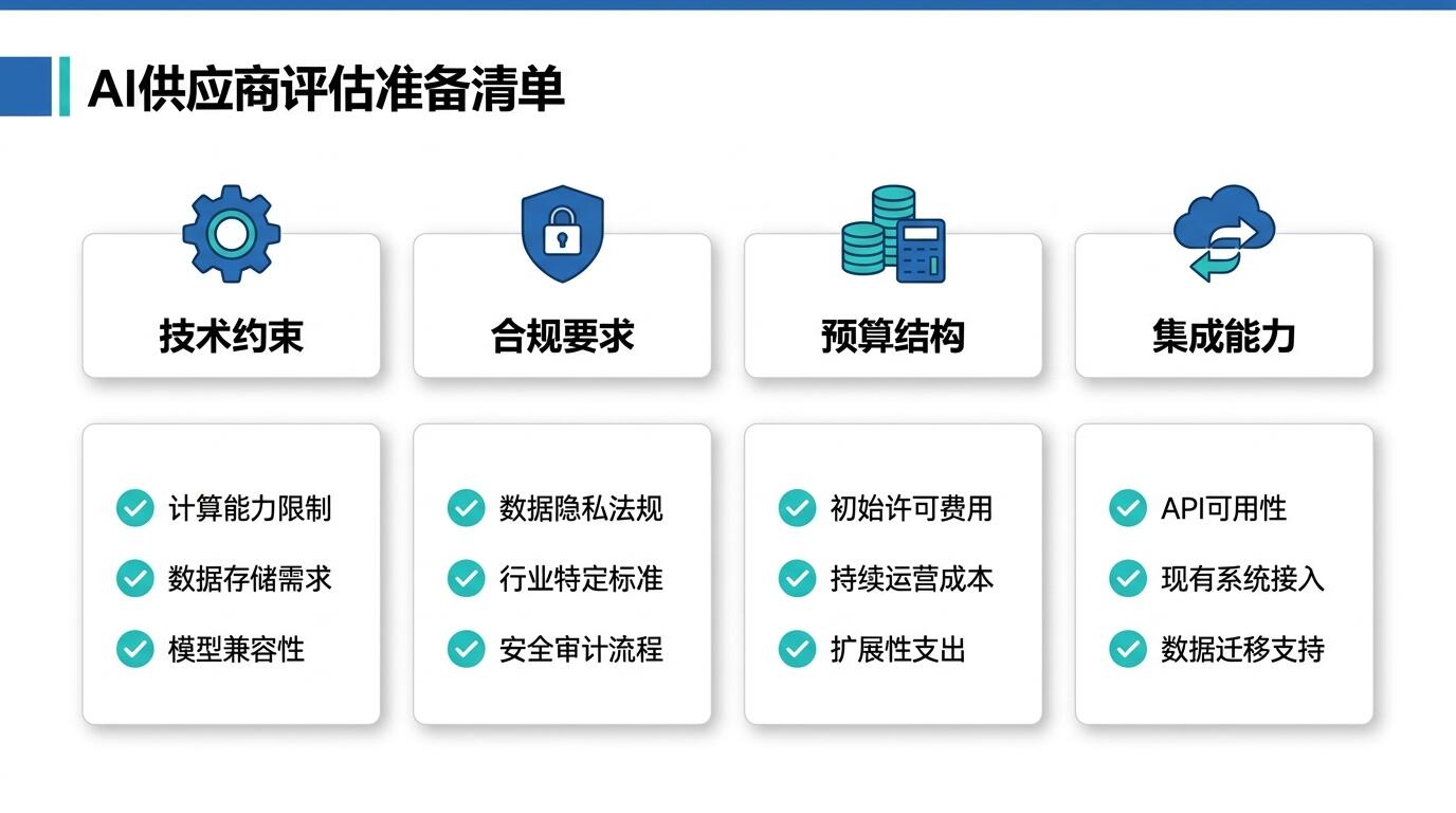 AI供应商评估准备清单与提问框架示意图