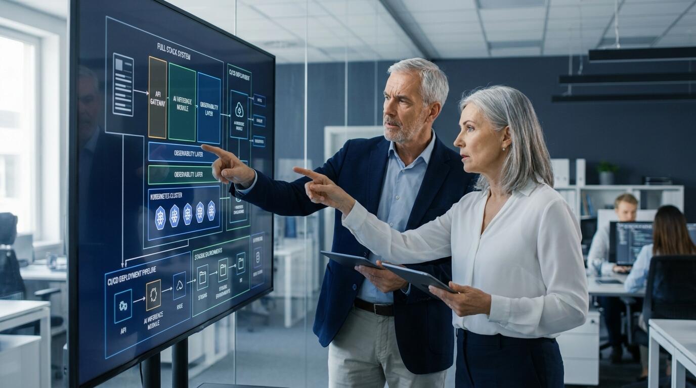 Engineering Director reviewing full-stack product architecture and deployment pipeline under deadline