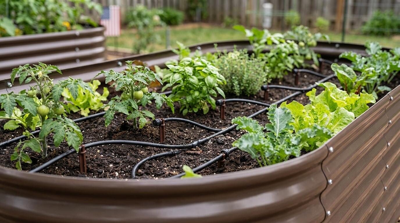Drip emitters installed in a galvanized steel raised garden bed planted with tomatoes, herbs, and leafy greens in an organized raised bed planting layout Drip emitters installed in a galvanized steel raised garden bed planted with tomatoes, herbs, and leafy greens in an organized raised bed planting layout