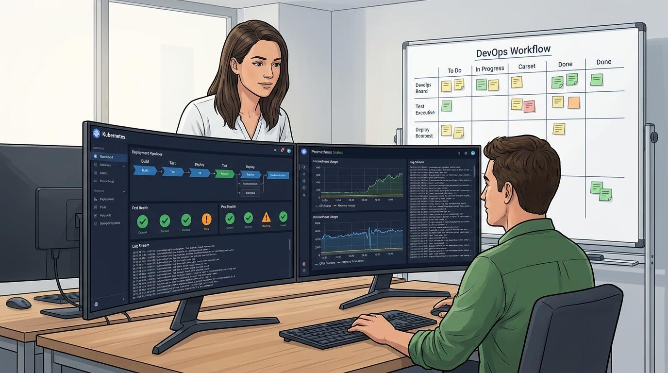 Small engineering team reviewing container orchestration dashboard and Kubernetes deployment pipeline