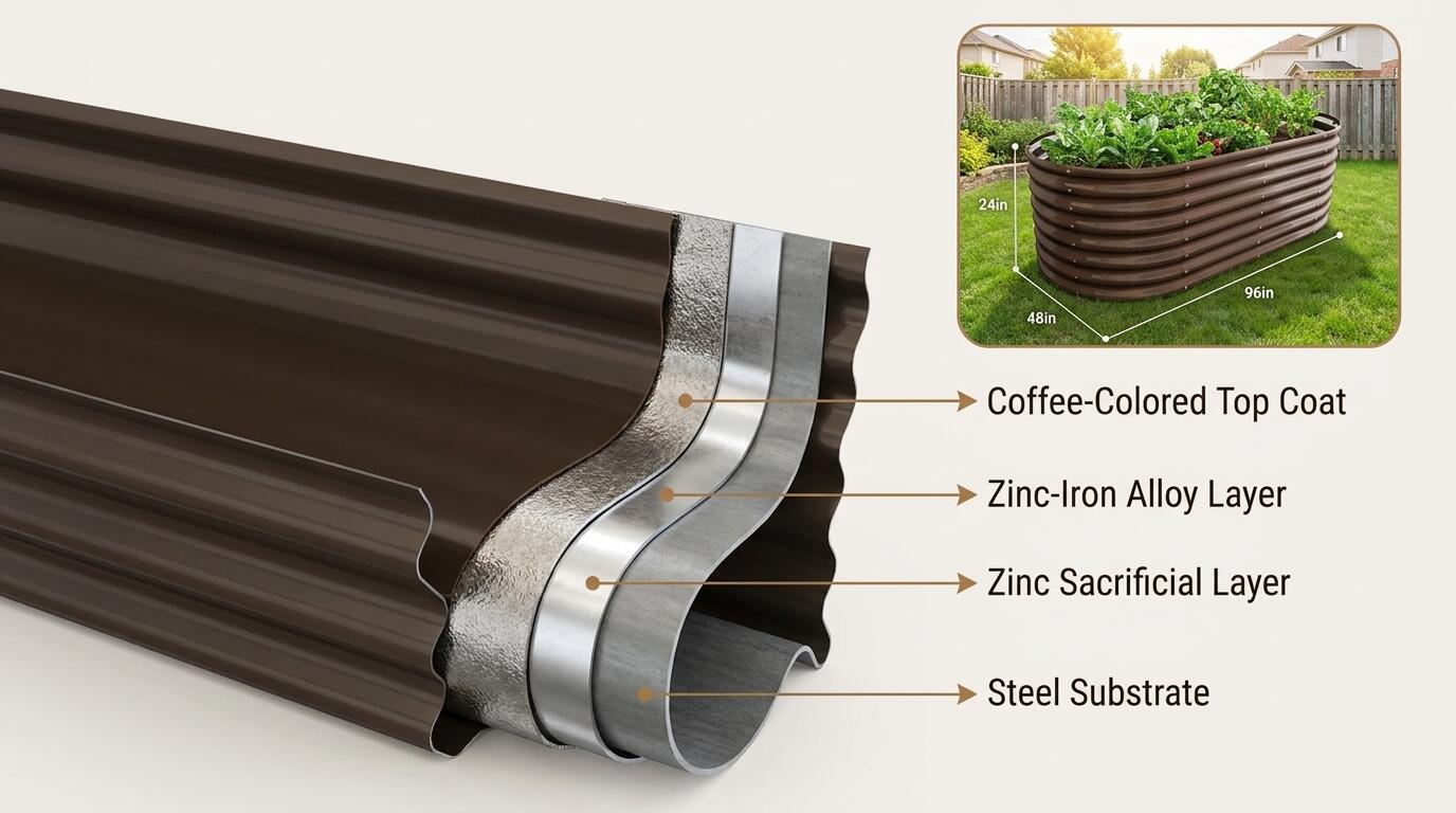 Galvanized steel panel cross-section showing coating thickness layers protecting the steel substrate