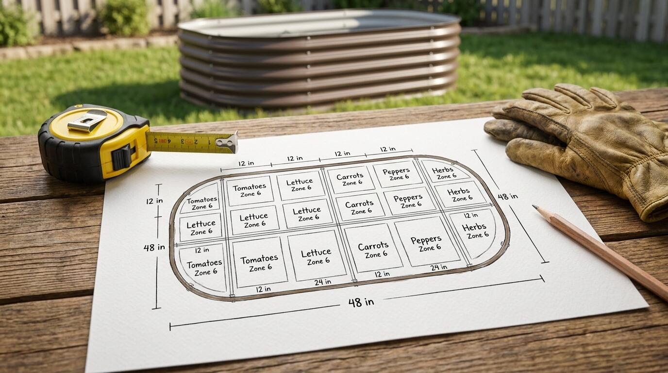 Planning a raised bed garden layout on paper with measurements and planting zones
