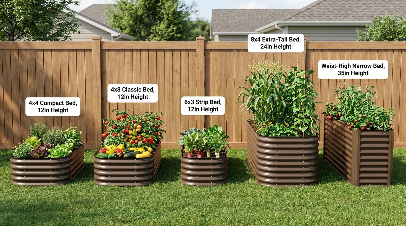 Comparison of raised bed garden layout sizes and heights in a suburban backyard setting Comparison of raised bed garden layout sizes and heights in a suburban backyard setting