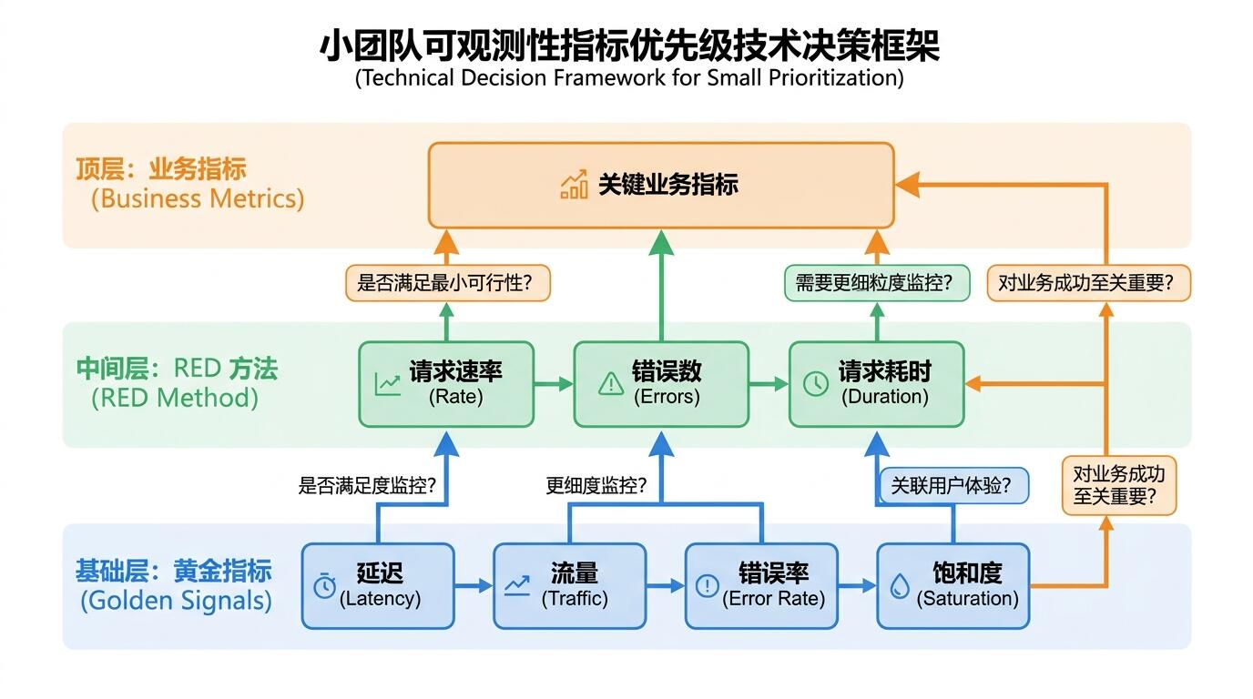 小团队可观测性优先级决策框架示意图