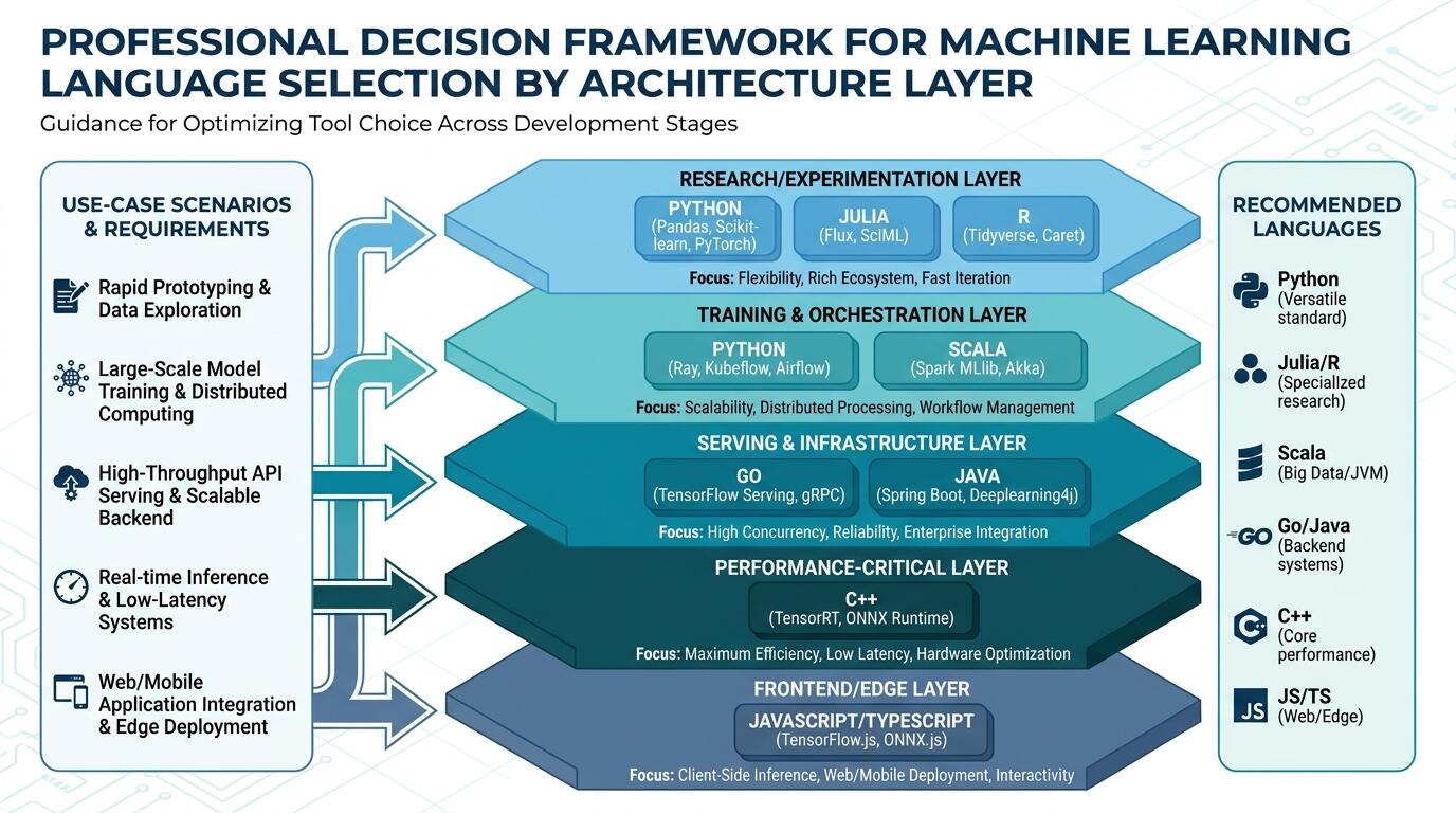 Decision guide for choosing machine learning programming languages based on system layer and use case