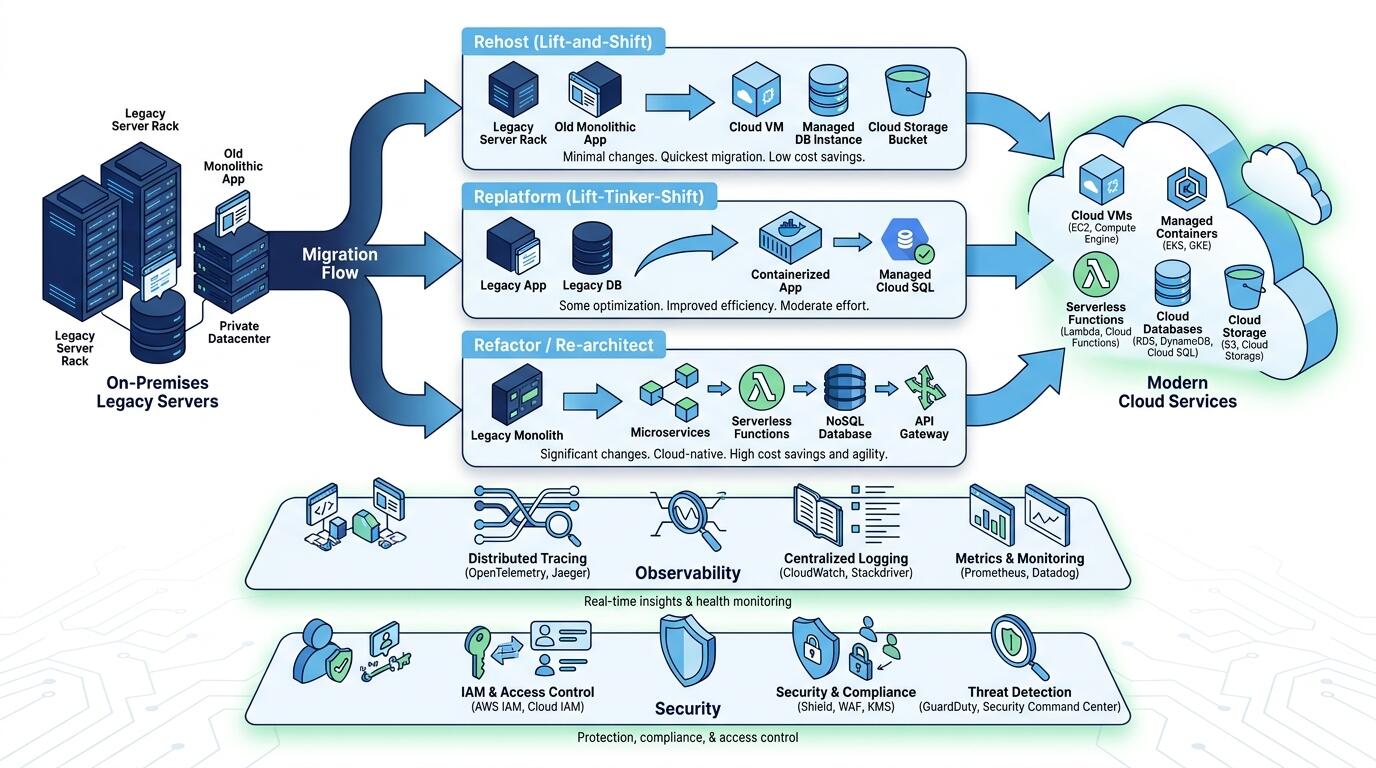 Phased cloud migration architecture diagram showing legacy system transition to modern cloud infrastructure