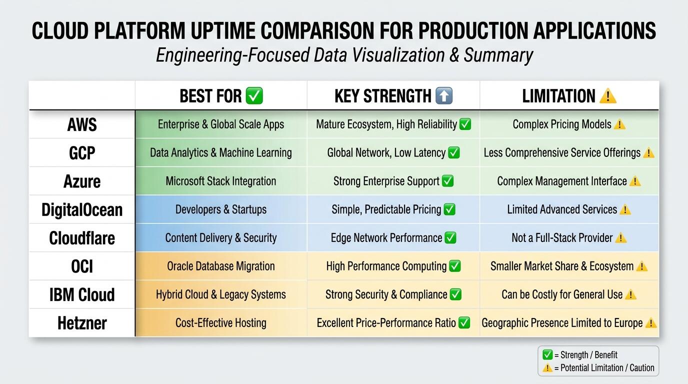 Cloud platform uptime comparison table for production apps AWS GCP Azure reliability analysis
