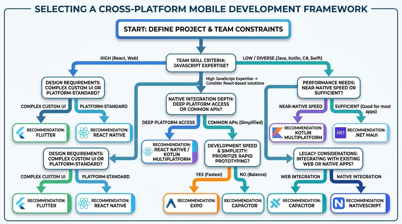 Decision guide for selecting cross-platform mobile app framework based on team skills and product requirements