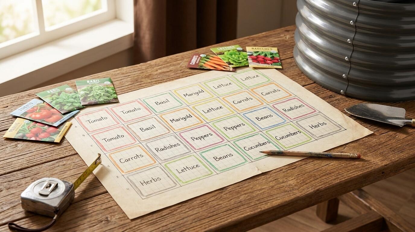 Raised bed planting layout planning with graph paper, seed packets, and garden tools on a wooden table